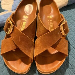 Birkenstock Women's Tan Sandals with Gold Buckle